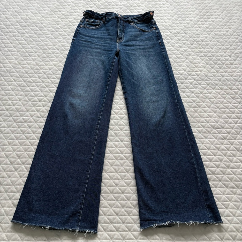 Risen Jeans Womens Size 5/27  Blue Denim Wide Leg Stretch Frayed Hem Cinch Waist